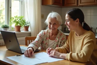 Grand-mère et petite-fille examinant des documents financiers ensemble autour d'une table de cuisine en bois