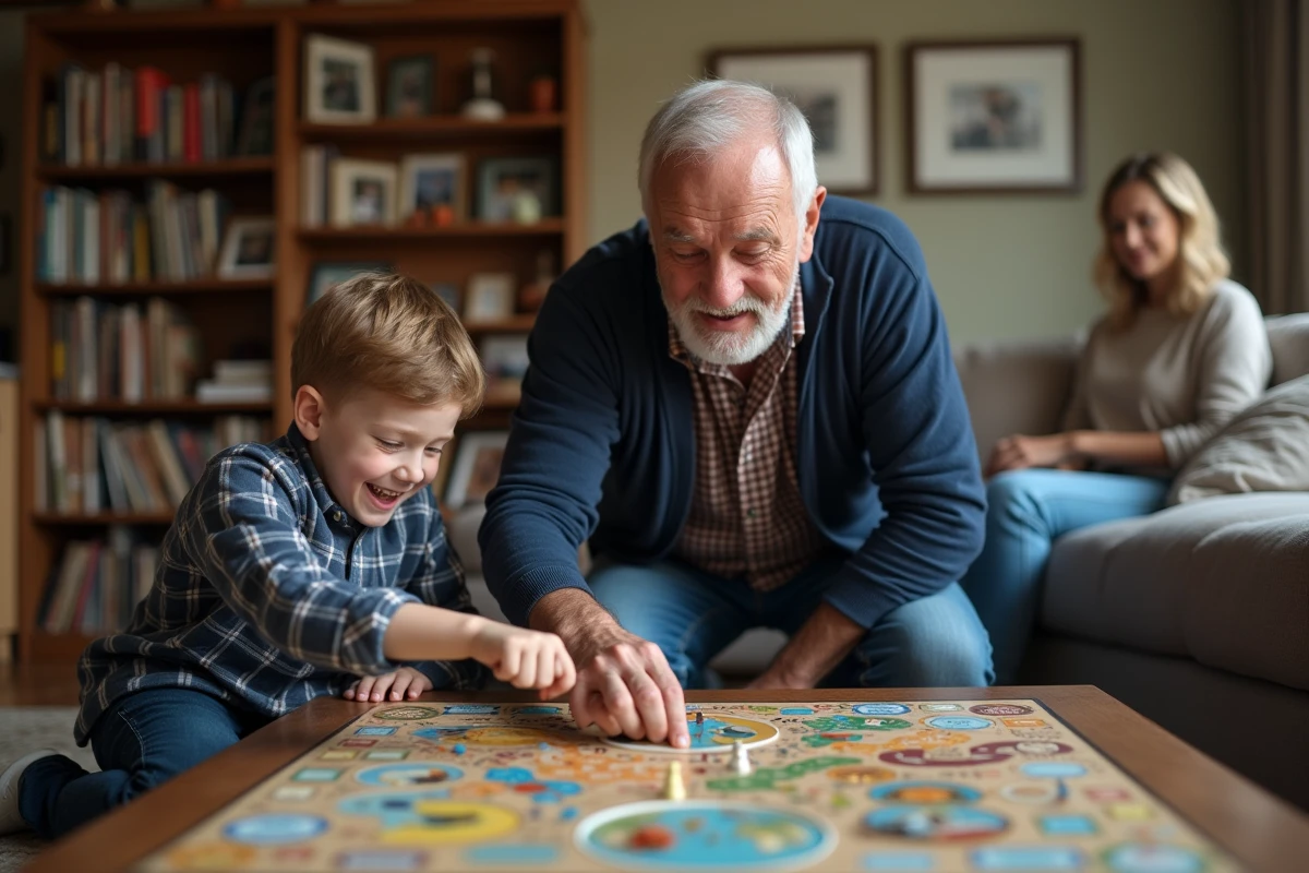 Grand-père et petit-fils jouant ensemble à un jeu de société dans un salon familial, avec la mère en arrière-plan