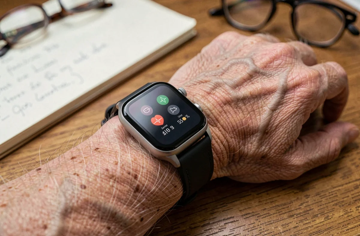 Gros plan sur une montre connectée au poignet d'un homme âgé affichant des données de santé sur fond de bureau avec notes manuscrites