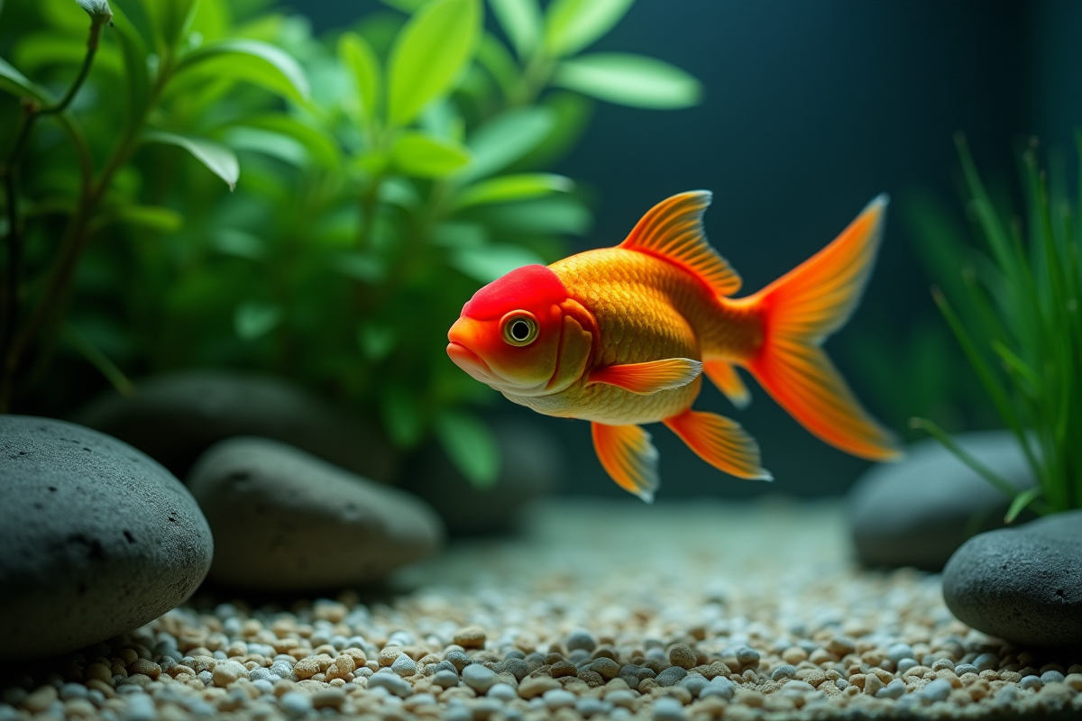 Gros plan d un poisson rouge nageant dans un aquarium planté