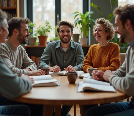Clubs de lecture : bénéfices et intérêt, à découvrir ! Groupe d'amis discutant autour d'une table dans un salon cosy