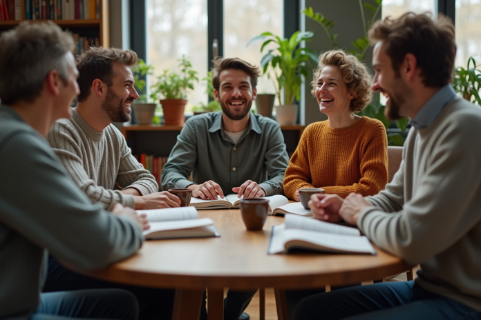 groupe-amis-livre-cosy Groupe d'amis discutant autour d'une table dans un salon cosy