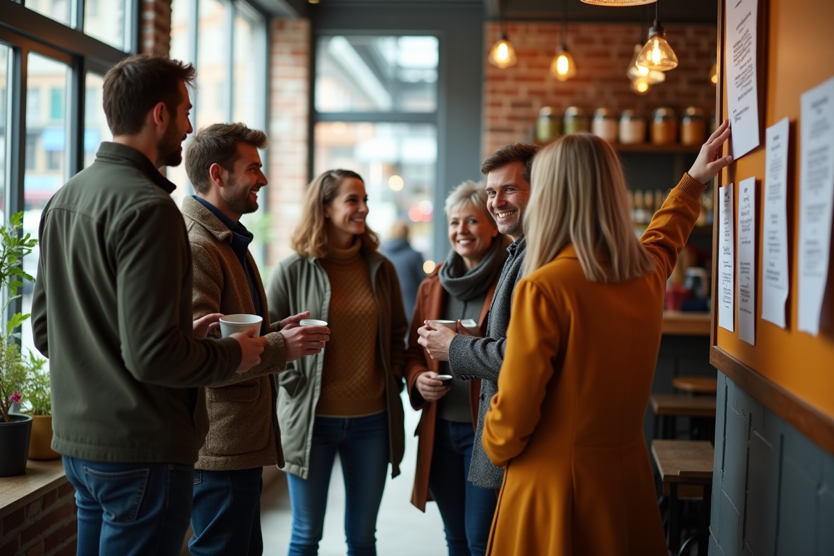 Groupe diversifié discutant dans un café avec panneau d