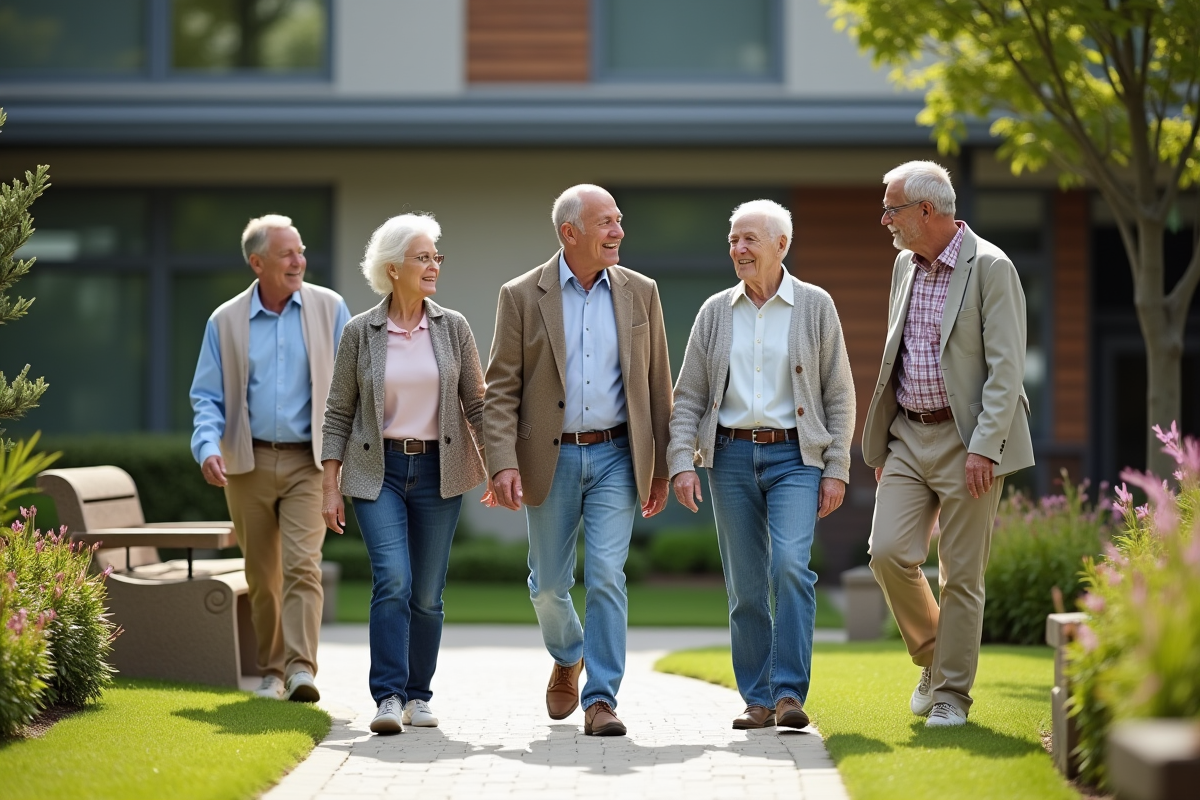 Groupe de seniors marchant dans un jardin