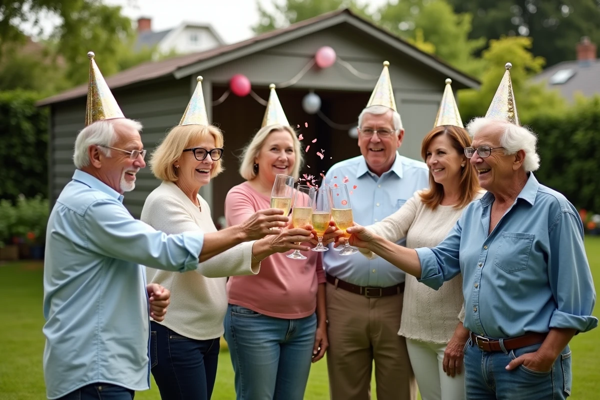 Groupe de seniors en fête avec verres levés dehors