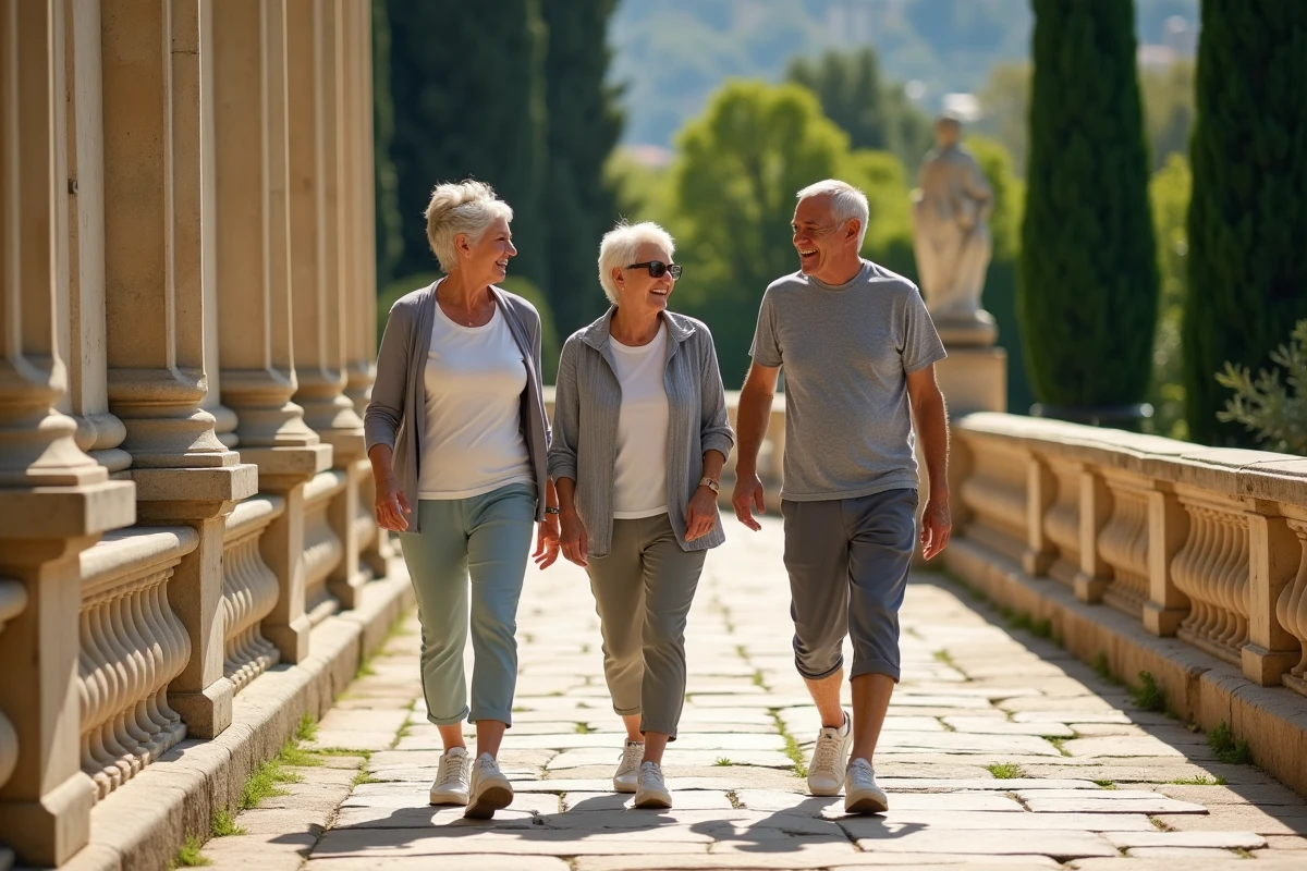Groupe de seniors se promenant ensemble dans les Jardins de la Fontaine à Nîmes, illustrant une retraite active et conviviale dans le Gard