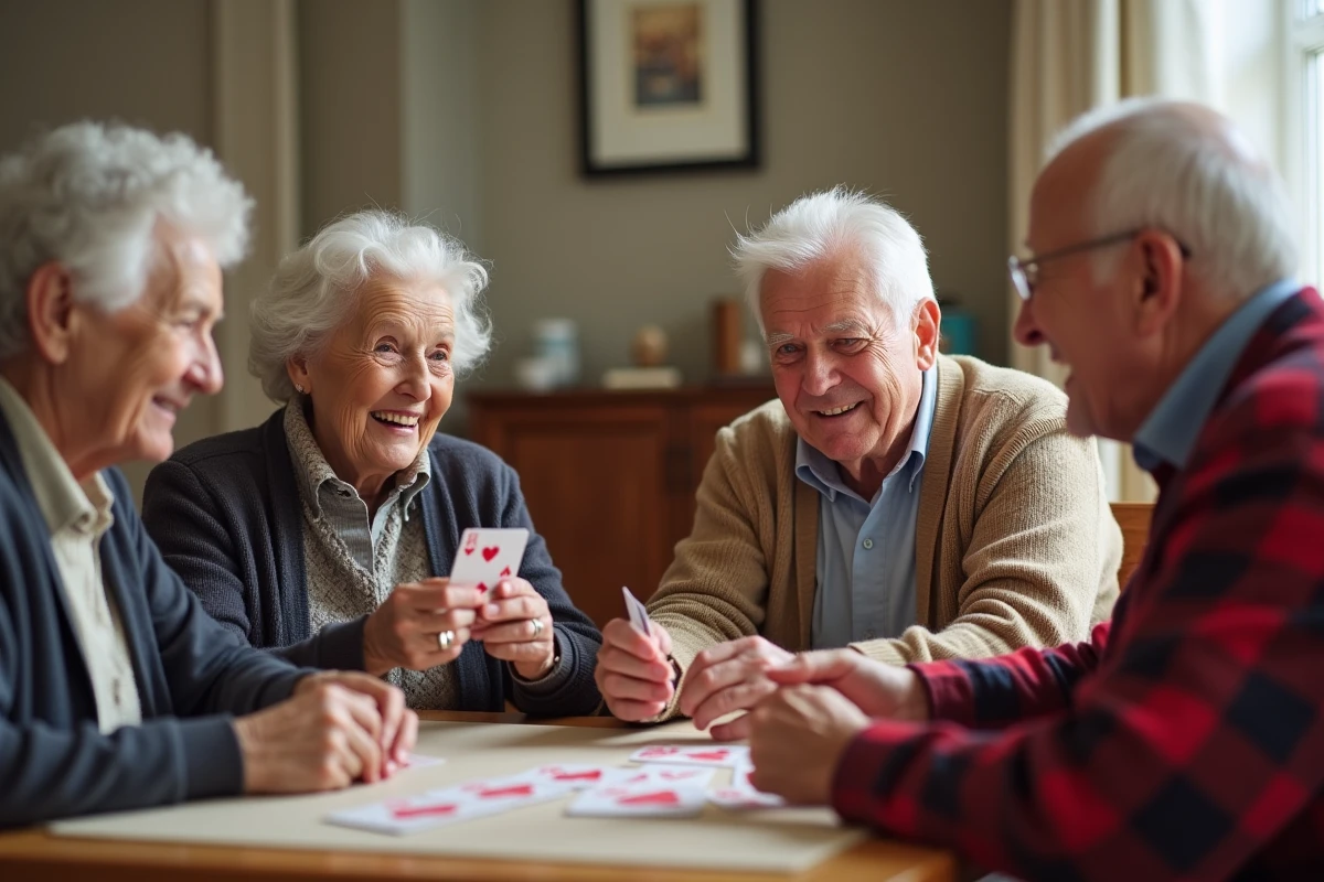 Groupe de quatre seniors jouant aux cartes autour d'une table dans une salle à manger conviviale