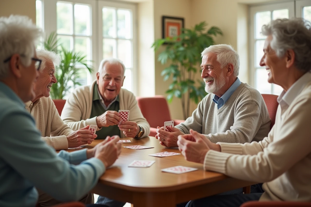 Groupe de seniors jouant aux cartes et riant ensemble