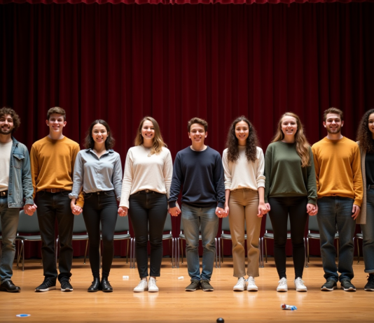 Théâtre : leçons de vie à tirer, inspirations pour grandir et s’épanouir Groupe d adolescents et adultes sur scène lors d une répétition