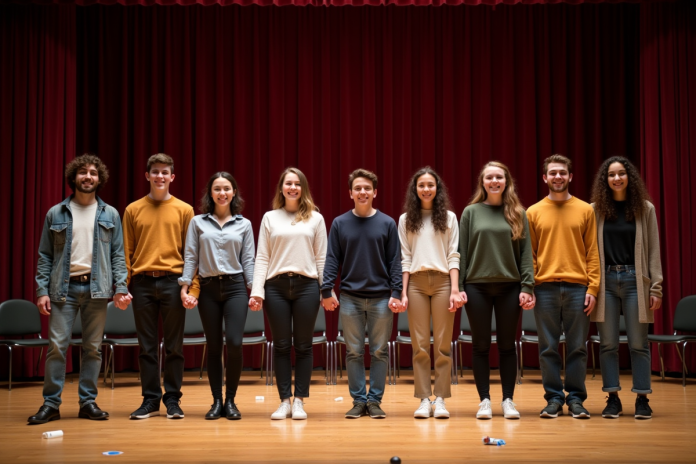groupe-theatre-repetition Groupe d adolescents et adultes sur scène lors d une répétition