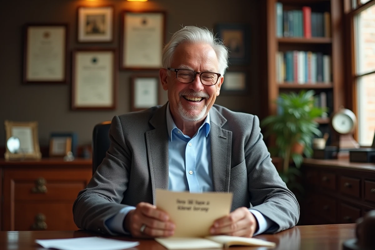 Dirigeant de 60 ans lisant une carte d'anniversaire humoristique avec un grand sourire dans son bureau