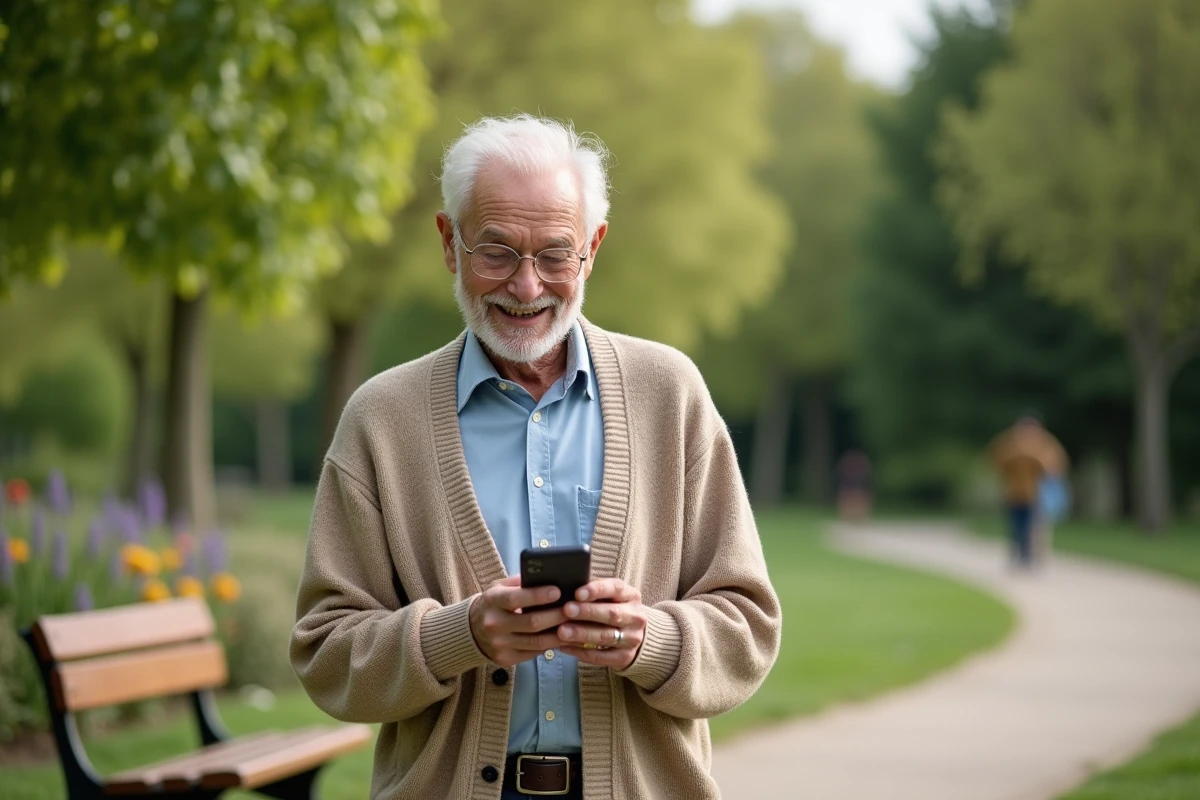 Homme âgé de 70 ans marchant dans un parc en lisant un message sur son smartphone