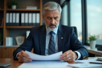 Homme d'affaires en costume examine des documents officiels
