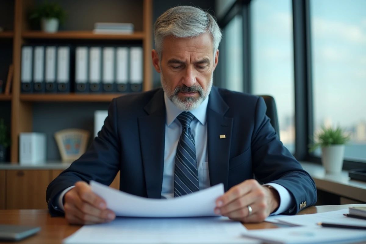 Homme d'affaires en costume examine des documents officiels