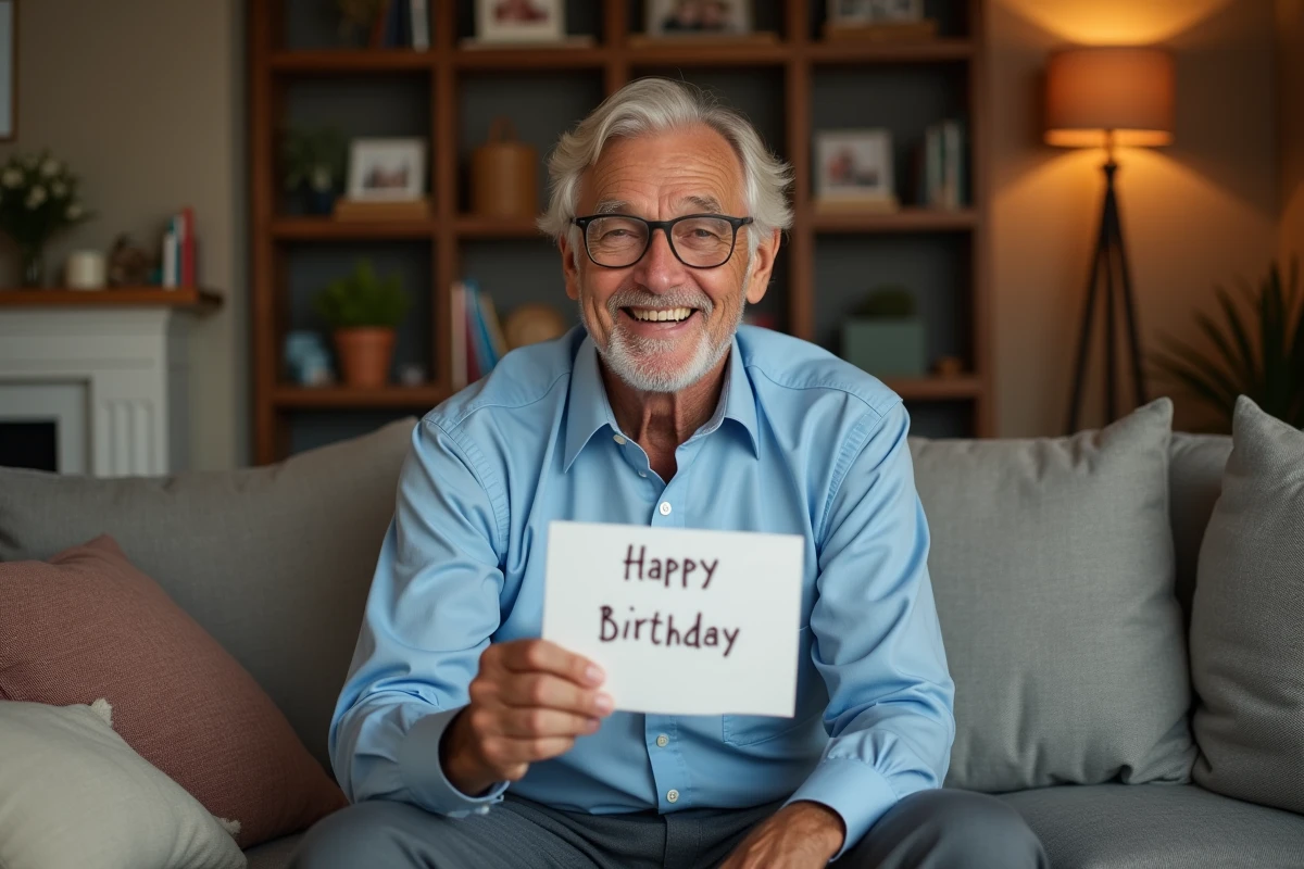 Homme de 70 ans souriant tenant une carte d'anniversaire dans un salon chaleureux