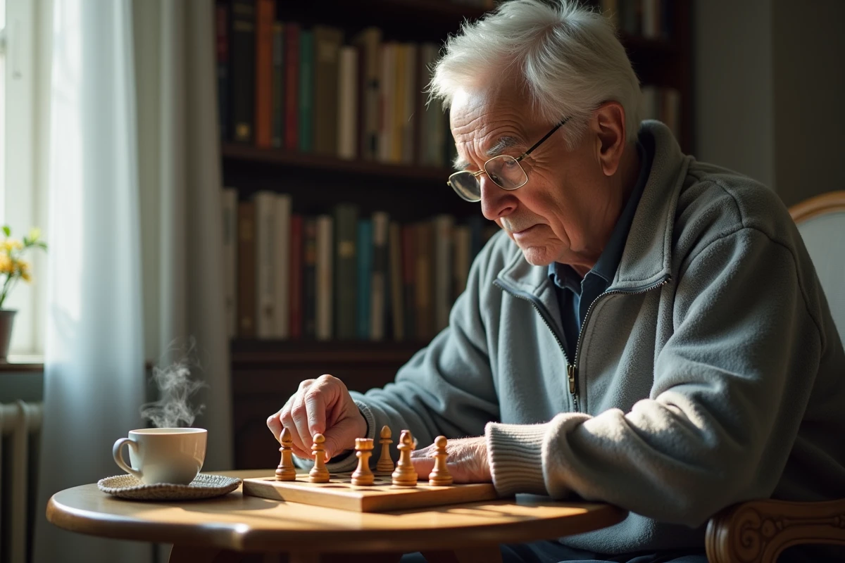 Homme âgé concentré sur un jeu d'échecs de voyage dans son salon avec une tasse de thé