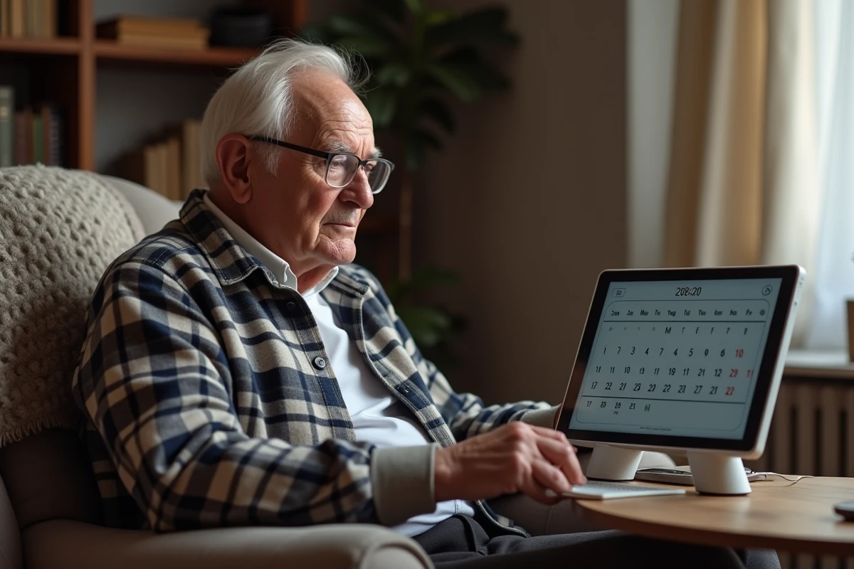 Homme âgé malvoyant lisant un calendrier électronique à affichage agrandi dans son salon