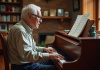 Homme âgé jouant du piano dans un salon chaleureux