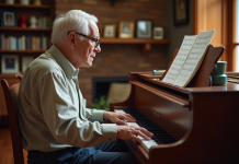 Apprendre le piano plus difficile en étant plus âgé ? Conseils et astuces Homme âgé jouant du piano dans un salon chaleureux