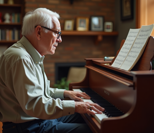 Apprendre le piano plus difficile en étant plus âgé ? Conseils et astuces Homme âgé jouant du piano dans un salon chaleureux