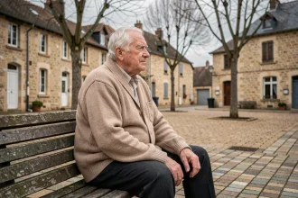 Homme âgé de 79 ans assis seul sur un banc dans une place de village en Seine-et-Marne, regard perdu dans le vide, atmosphère mélancolique et ordinaire