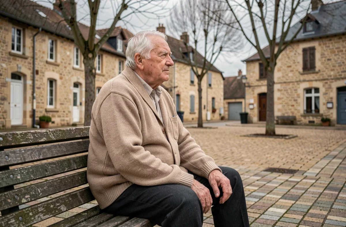 Homme âgé de 79 ans assis seul sur un banc dans une place de village en Seine-et-Marne, regard perdu dans le vide, atmosphère mélancolique et ordinaire