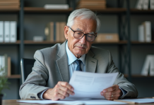 Homme agee en costume gris lisant des papiers au bureau