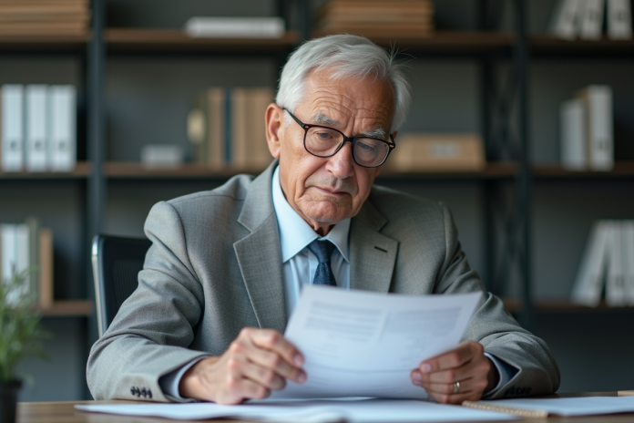 homme-agee-bureau-papier Homme agee en costume gris lisant des papiers au bureau