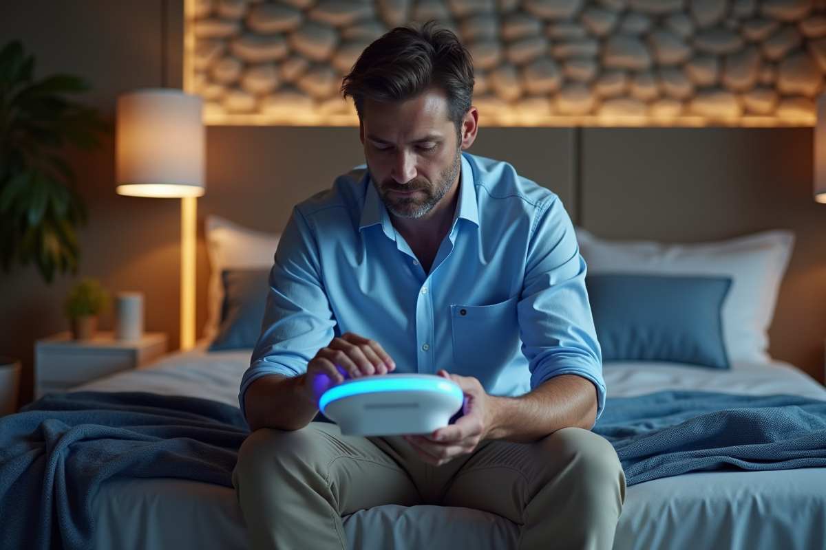 Homme posant un appareil LED de thérapie sur sa table de nuit