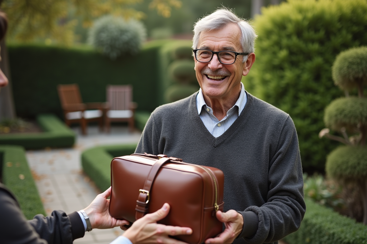 Homme mature recevant un sac de voyage en plein air