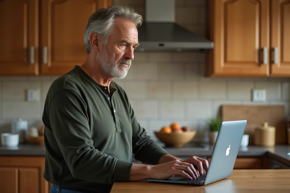 Homme d'âge mûr consultant le site internet de la CNAV pour vérifier ses droits à la retraite