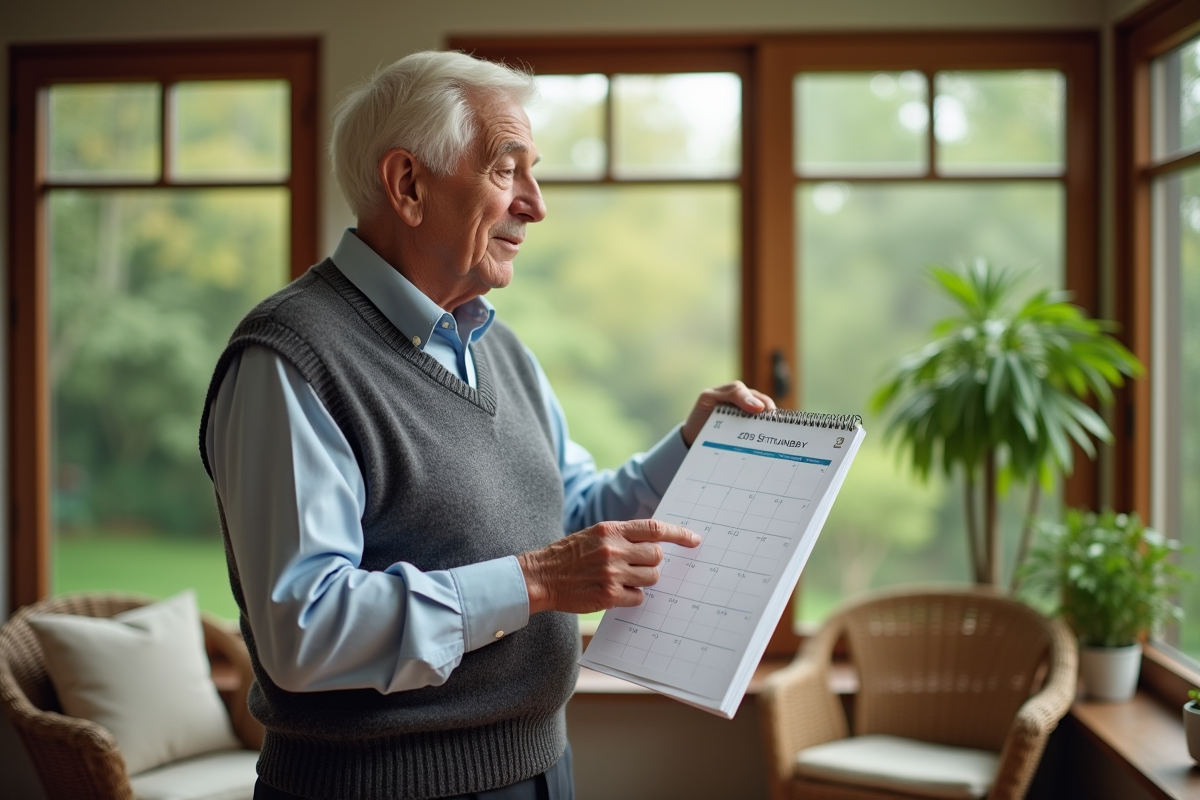 Homme age regardant un calendrier dans la véranda