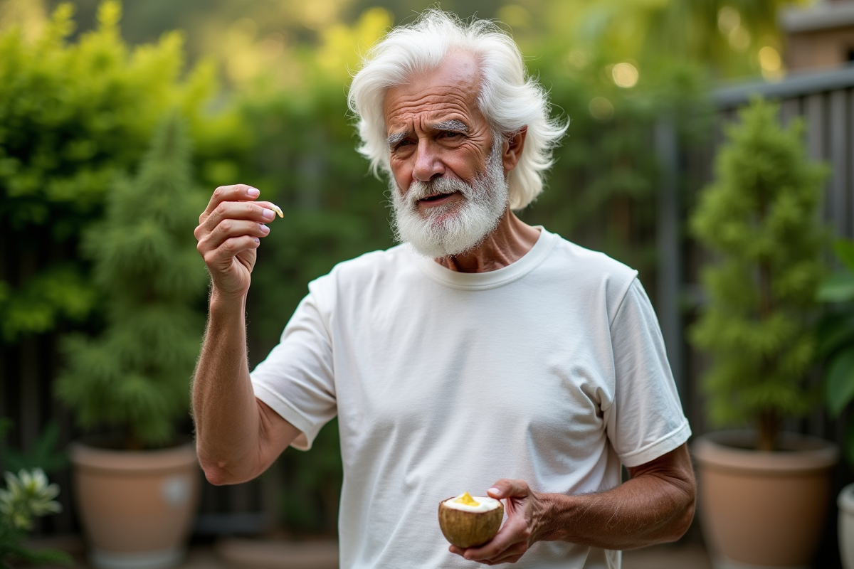 Homme appliquant huile de coco dans un jardin verdoyant