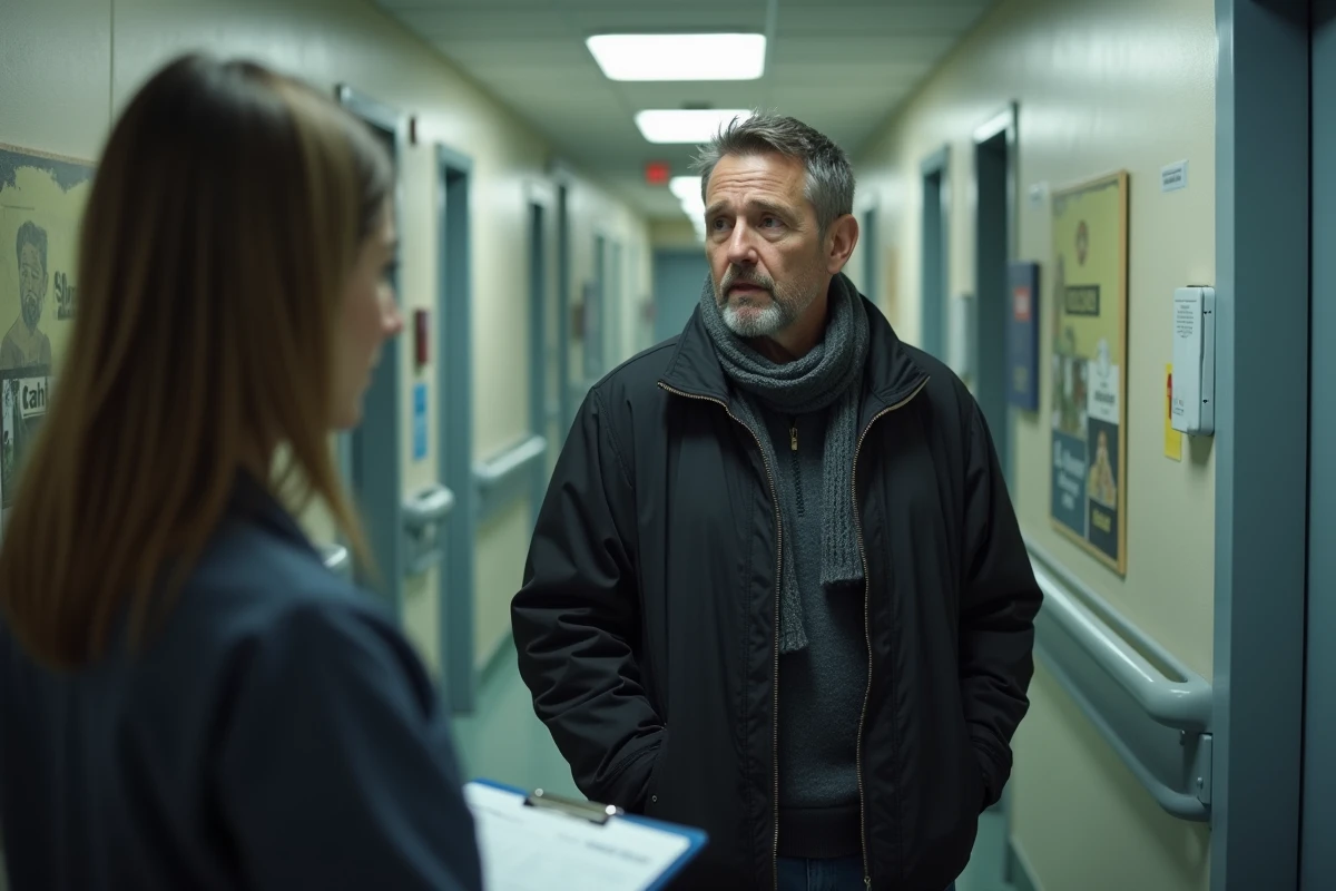 Homme inquiet parlant avec un personnel dans un couloir