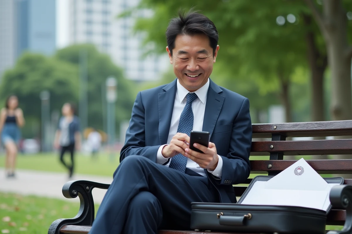 Homme japonais souriant utilisant son smartphone dans un parc