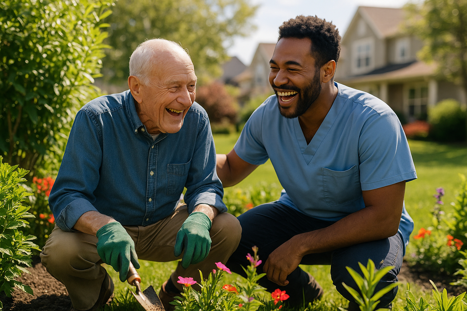 Homme âgé jardinant avec aide dans son jardin ensoleille