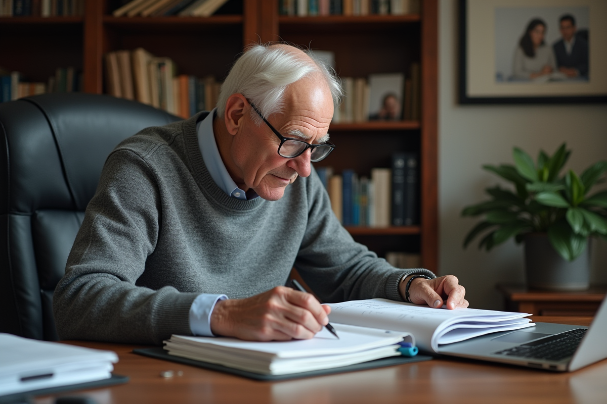 Homme âgé consulte un classeur dans son bureau organisé