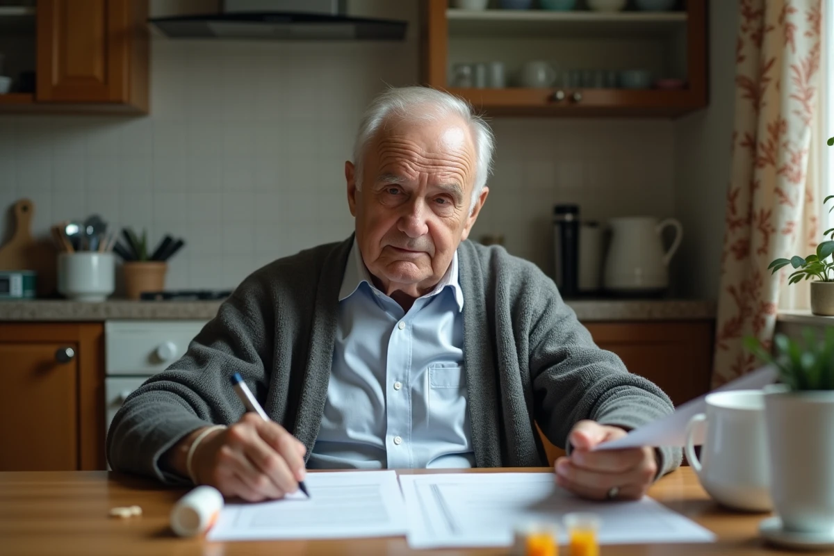 Homme âgé examinant des papiers dans la cuisine