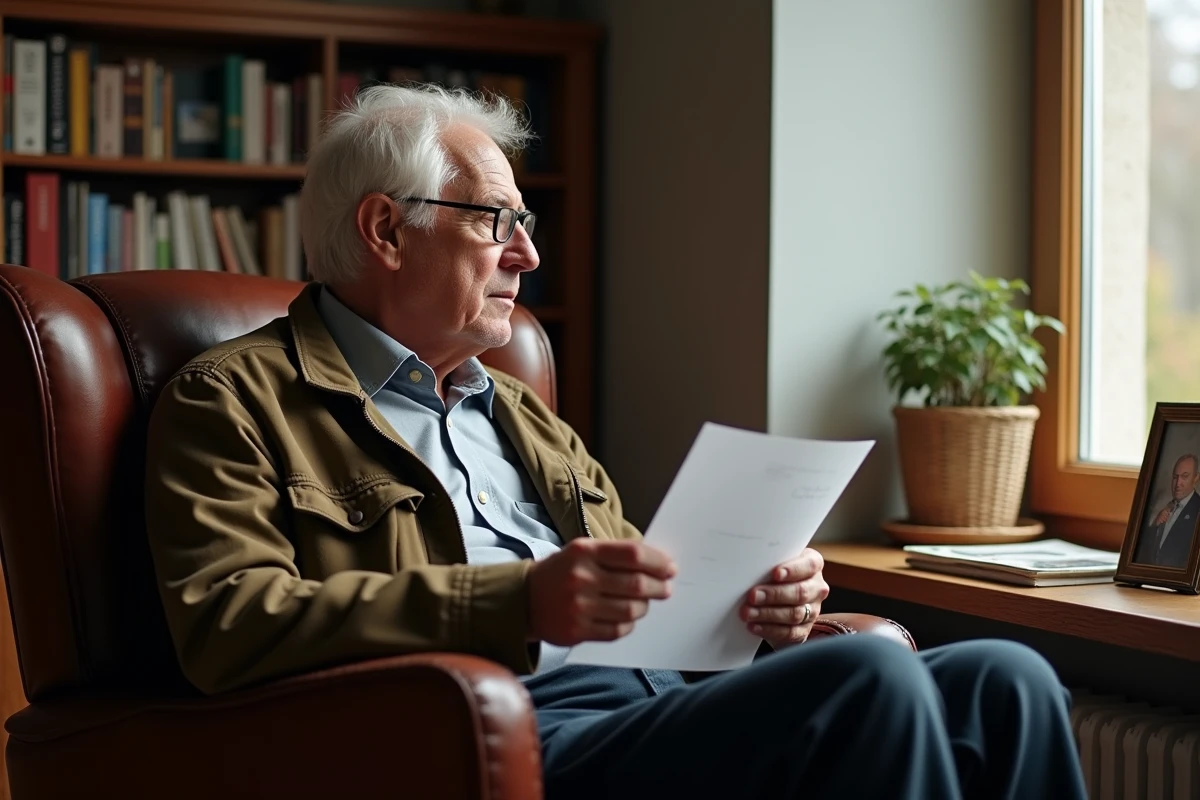 Homme âgé regardant par la fenêtre dans un salon cosy