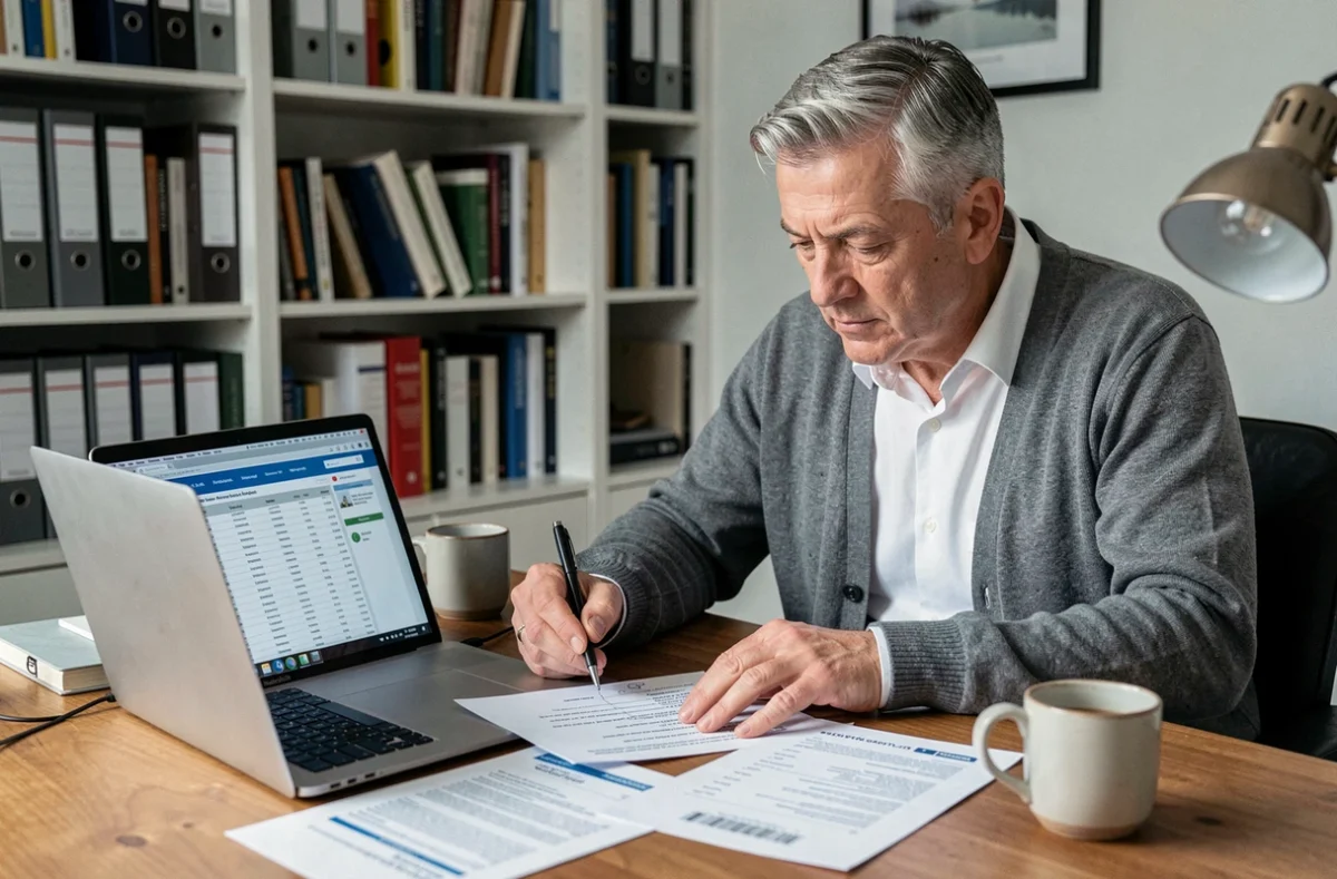 Homme en préretraite annotant son relevé de carrière sur un bureau à domicile pour calculer ses meilleures années de retraite