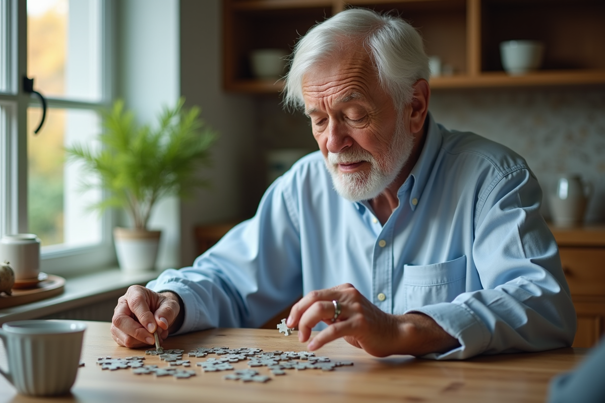 Homme âgé examinant une pièce de puzzle à la table de cuisine