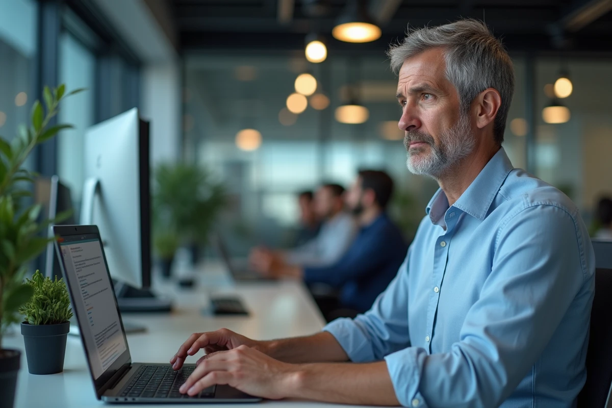 Homme en entreprise relisant un brouillon de message de départ à la retraite sur son ordinateur portable avec une expression hésitante