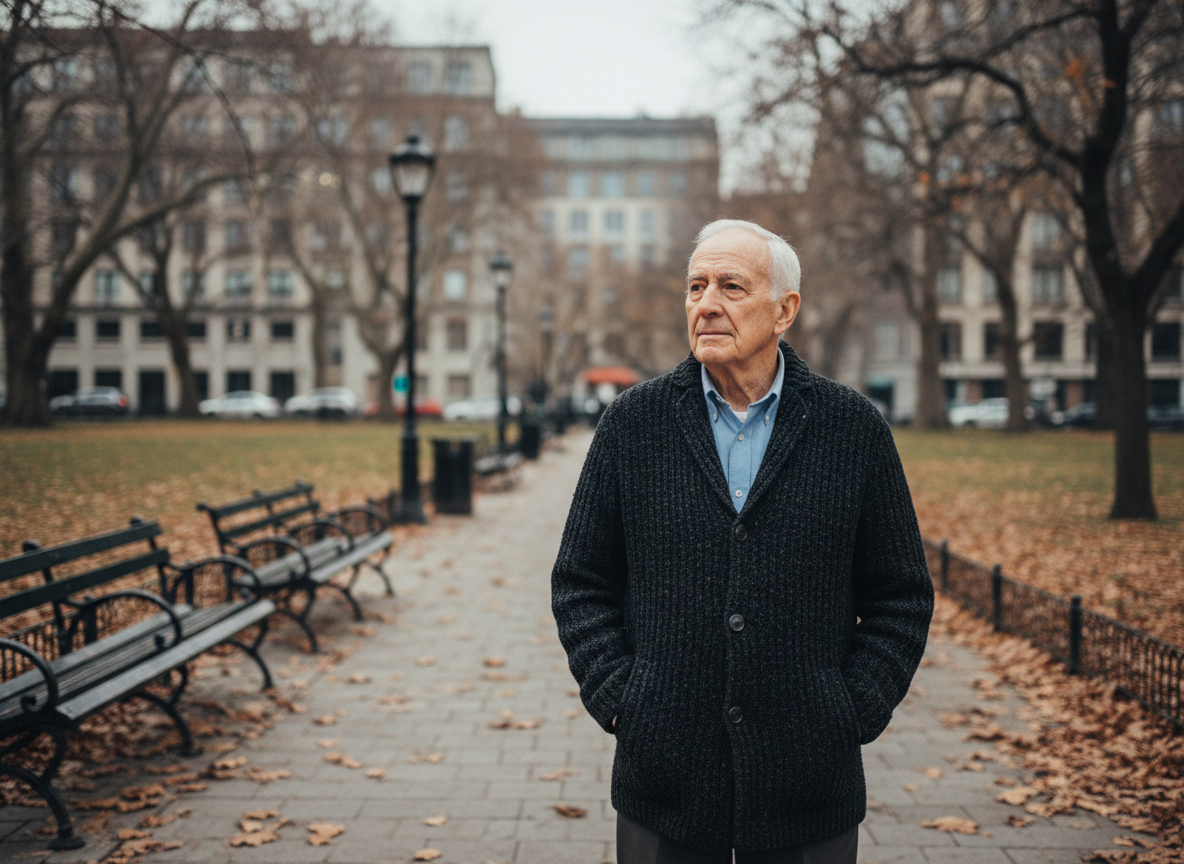 Homme âgé contemplant dans un parc en automne