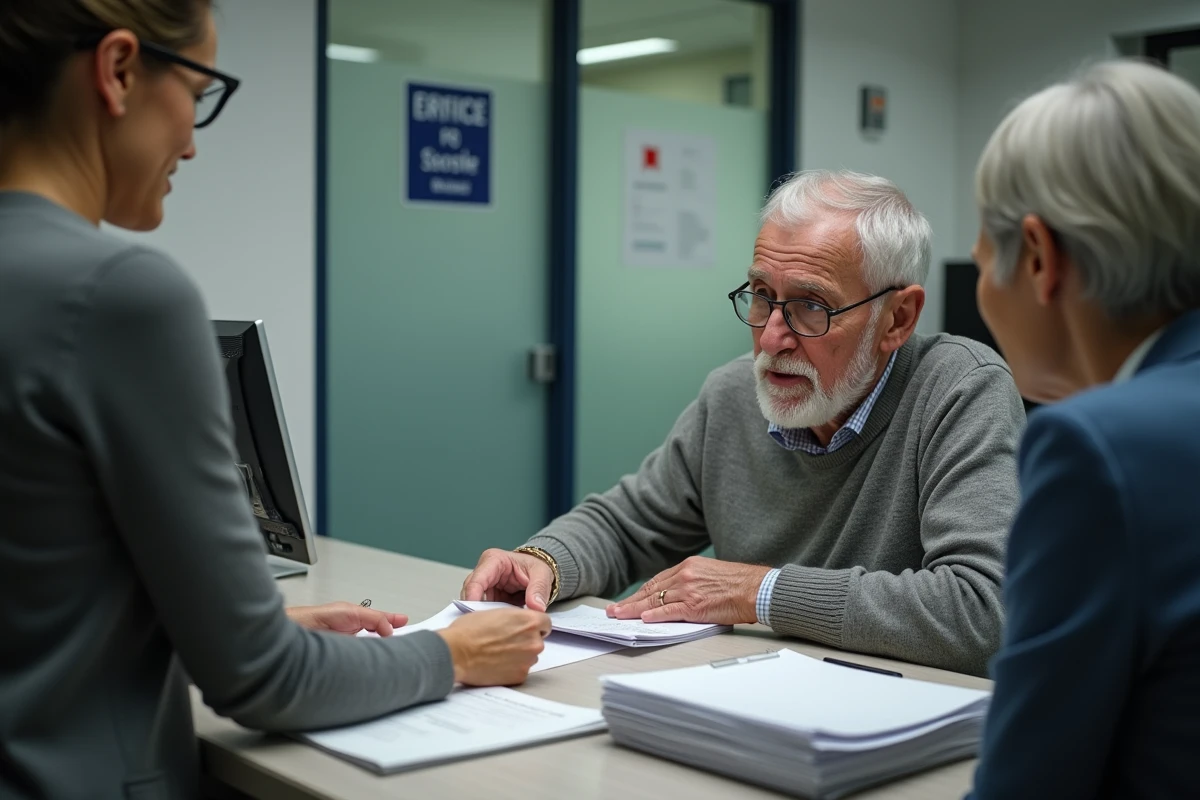 Homme âgé remettant un formulaire à une réceptionniste dans un bureau