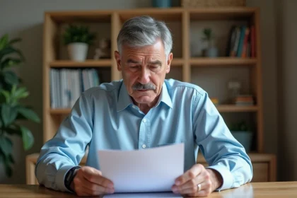 Homme de 58 ans consultant des documents administratifs pour sa demande de retraite anticipée pour carrière longue