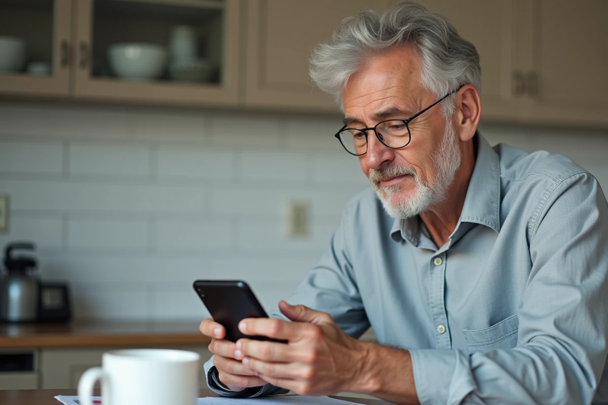 Homme retraité utilisant smartphone et tablette pour se connecter à son compte retraite complémentaire via France Connect