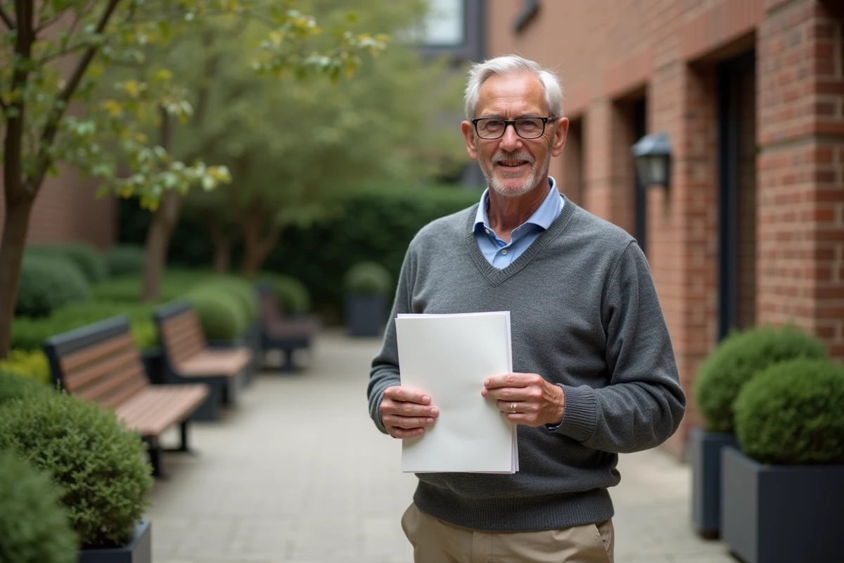 Homme dans une couronne de briques tenant une lettre de retraite