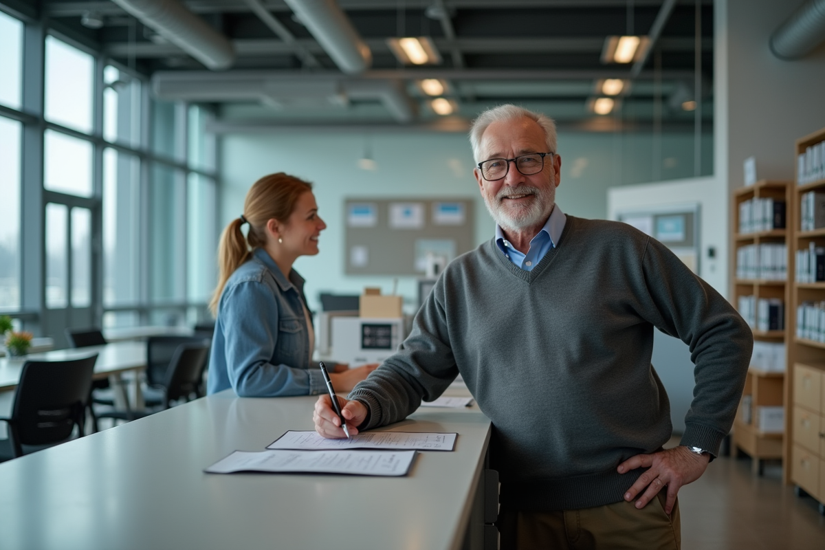 Homme retraité parle avec un agent dans un centre de pension