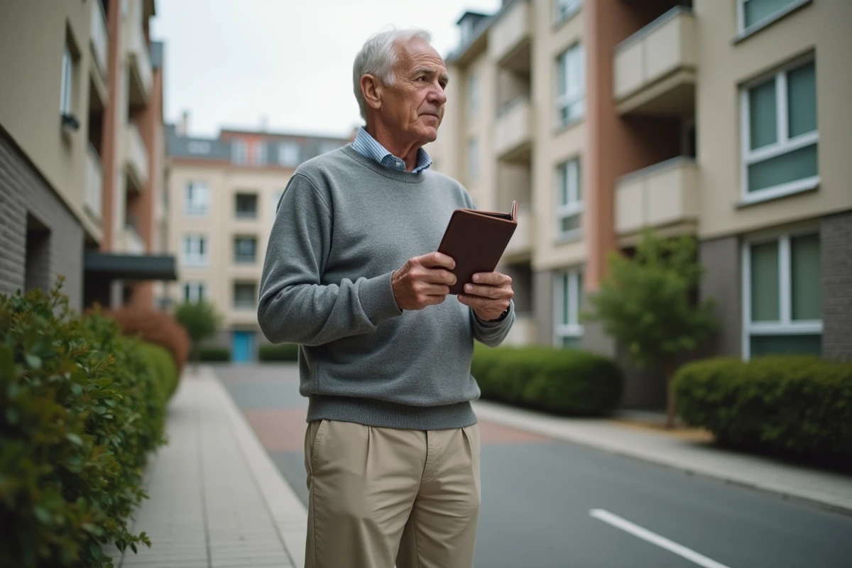 Homme retraité regardant dans son portefeuille devant son immeuble