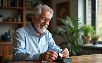 Idées de cadeau de retraite pour homme : surprenez-le avec originalité Homme retraité souriant découvrant une montre gravée